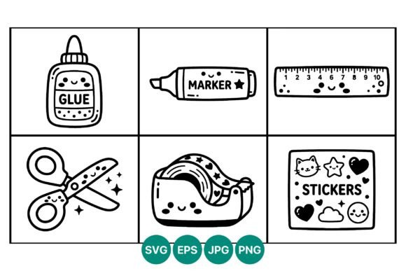 Kawaii School Supplies Line Art