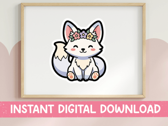 Kawaii White Fox with Flower Crown Graphics